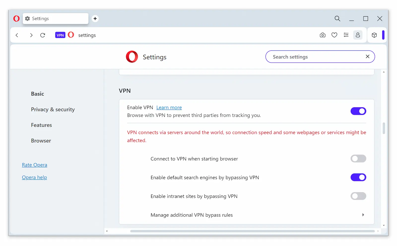 Opera VPN's settings menu