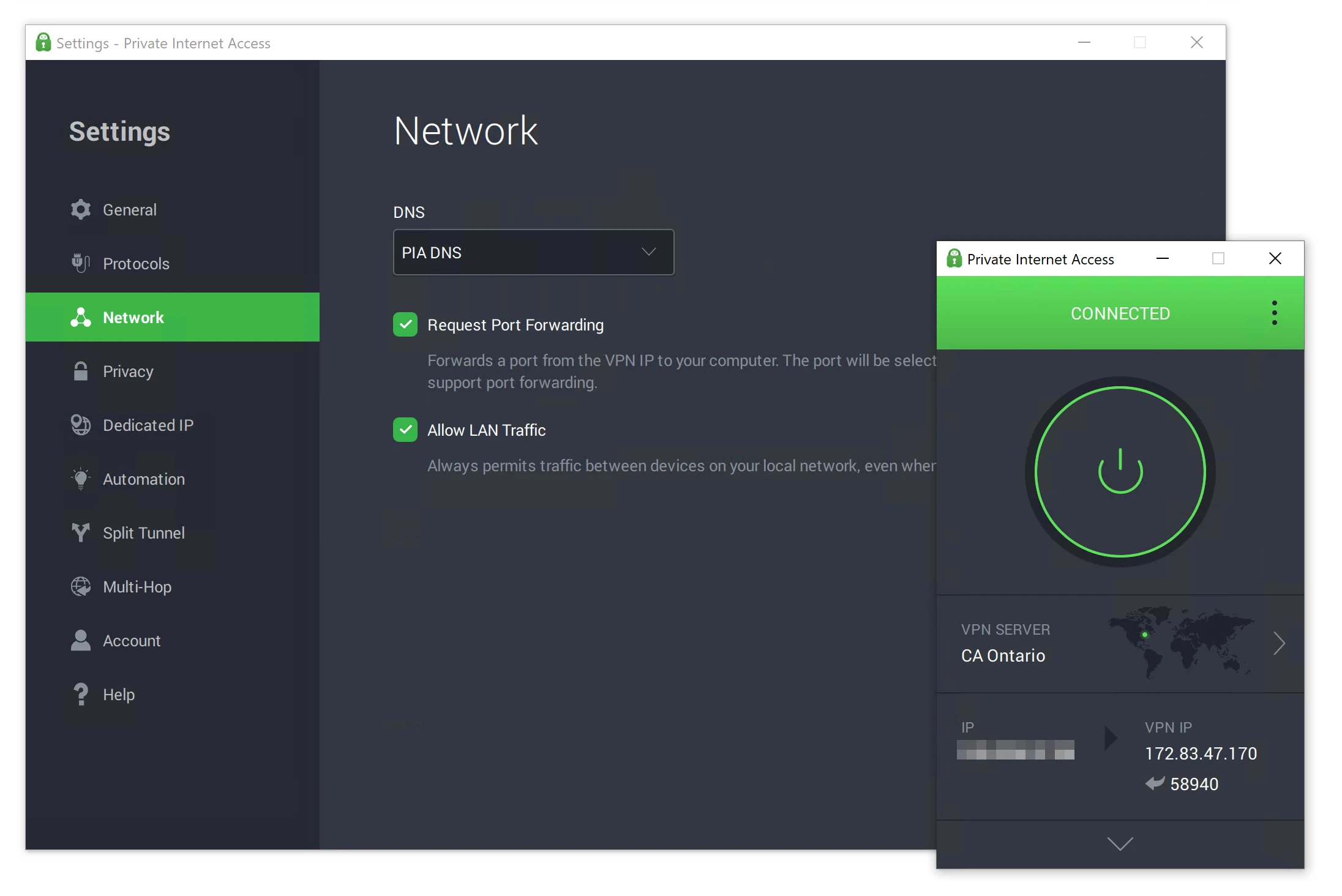 PIA's port forwarding settings menu