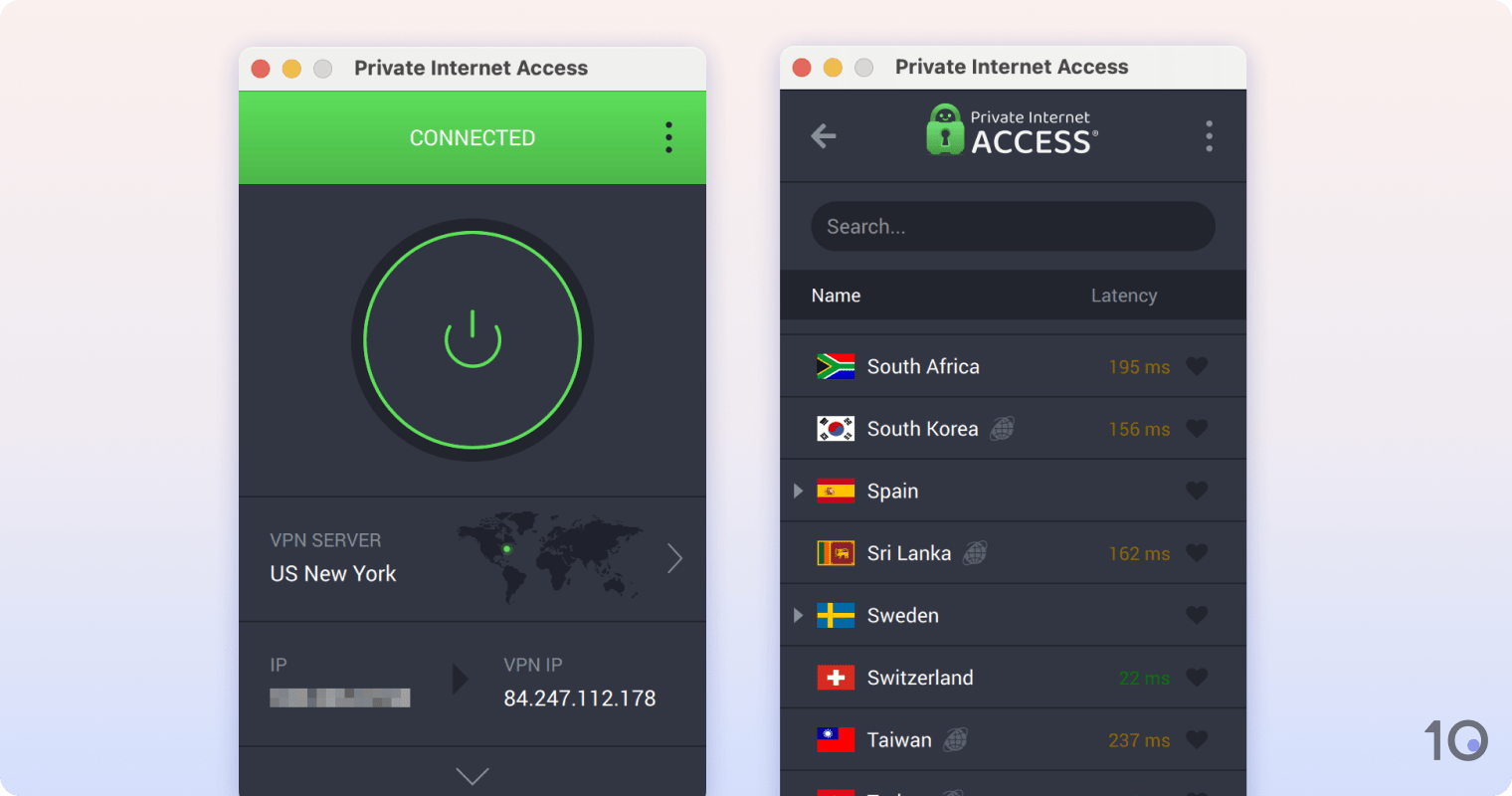 La aplicación VPN de Private Internet Access en macOS