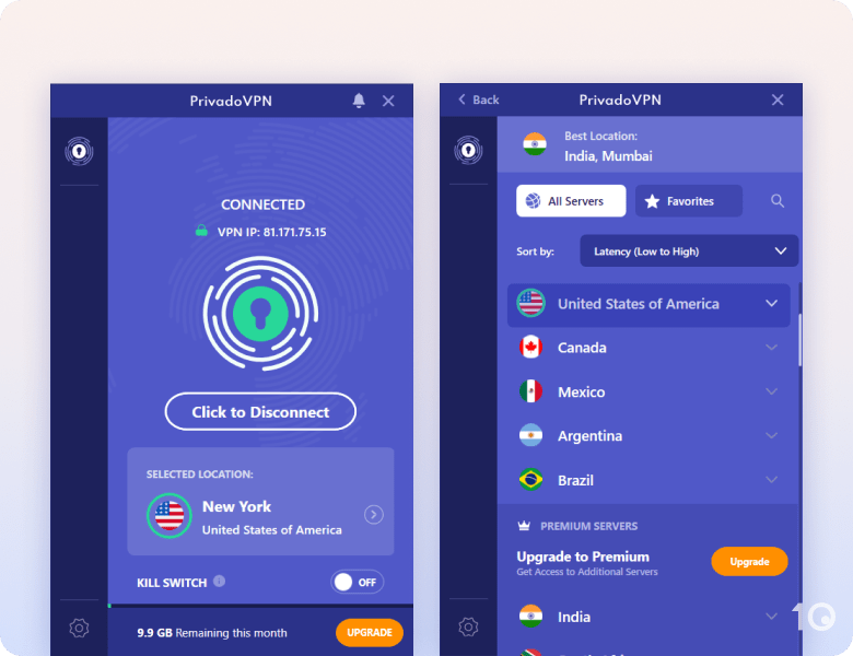 PrivadoVPN Free's VPN app for Windows