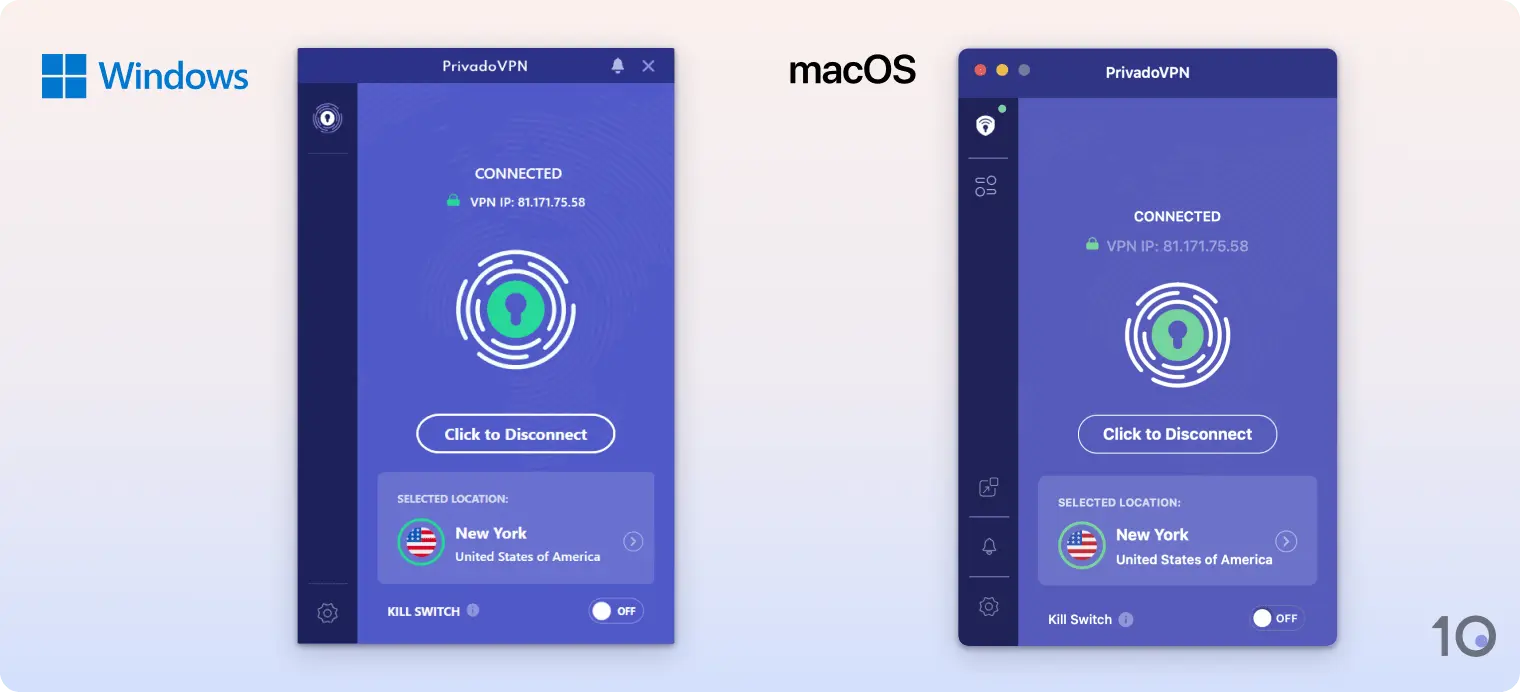 PrivadoVPN's apps for Windows and macOS