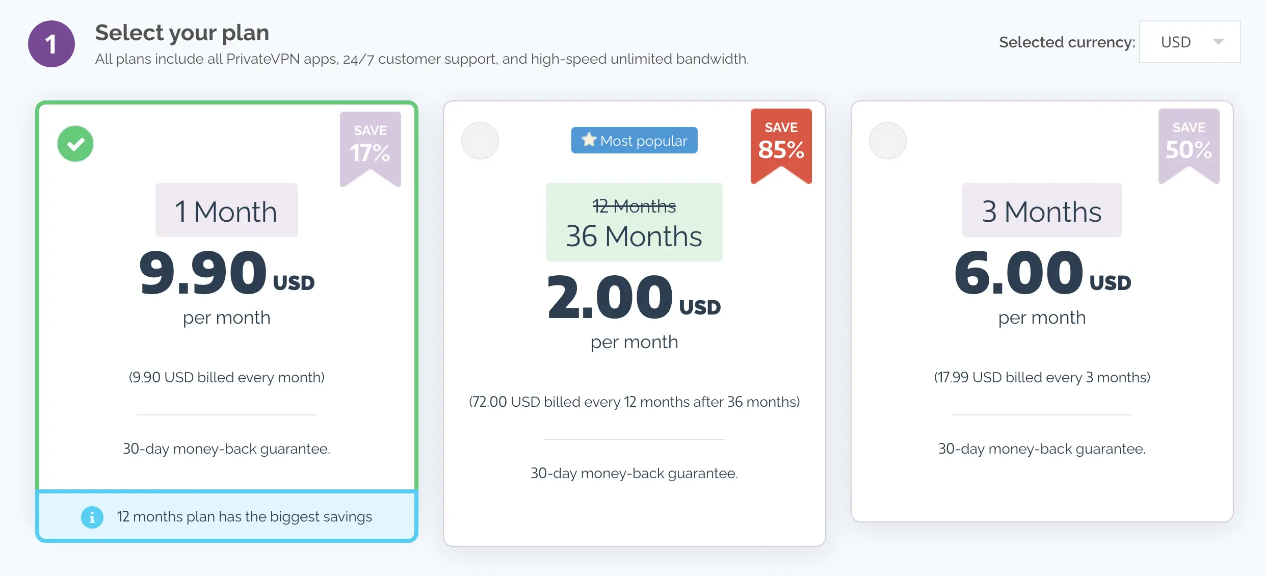 PrivateVPN 1-month subscription plan