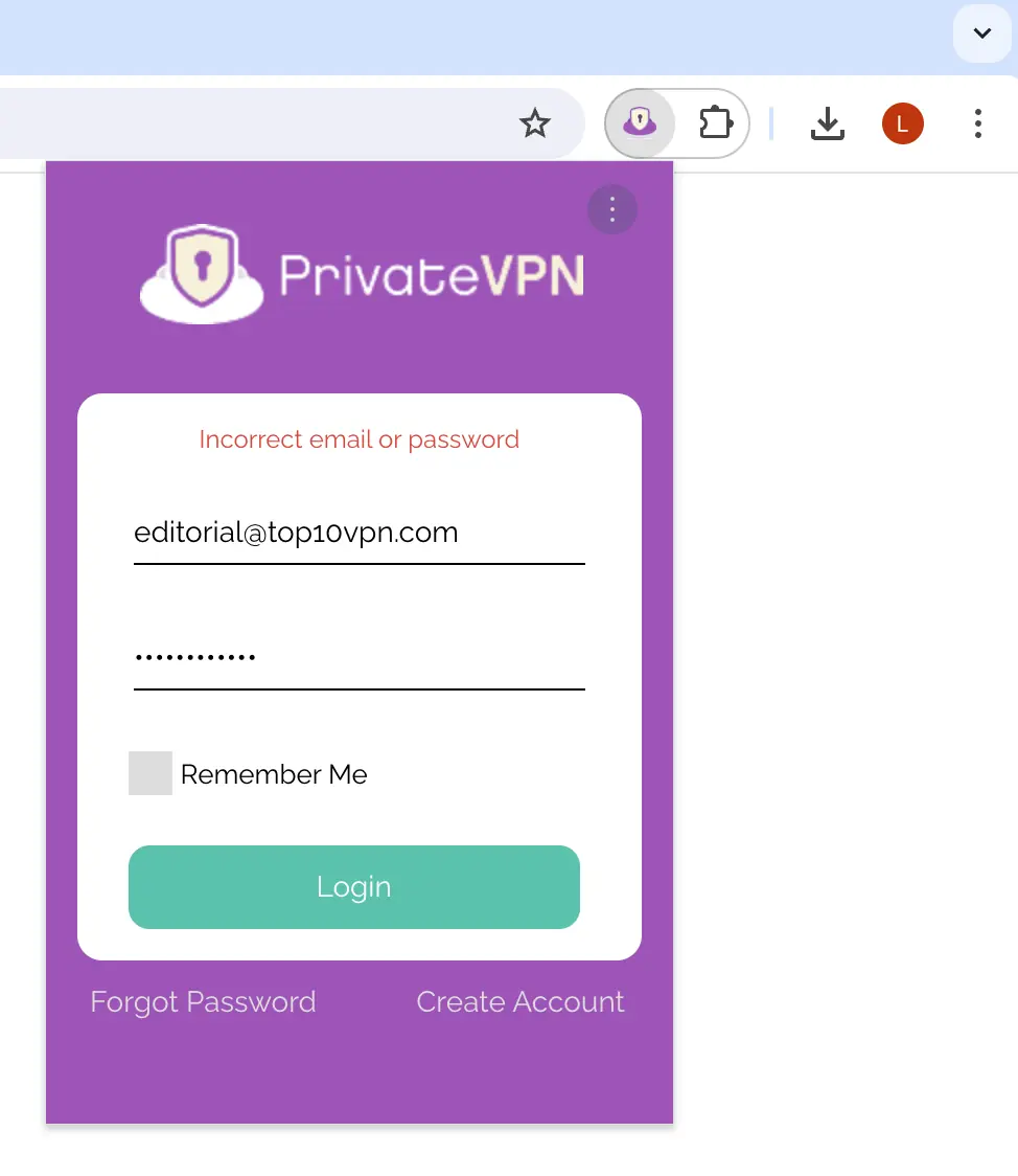 PrivateVPN's Chrome extension not allowing us to sign in using our active login details.