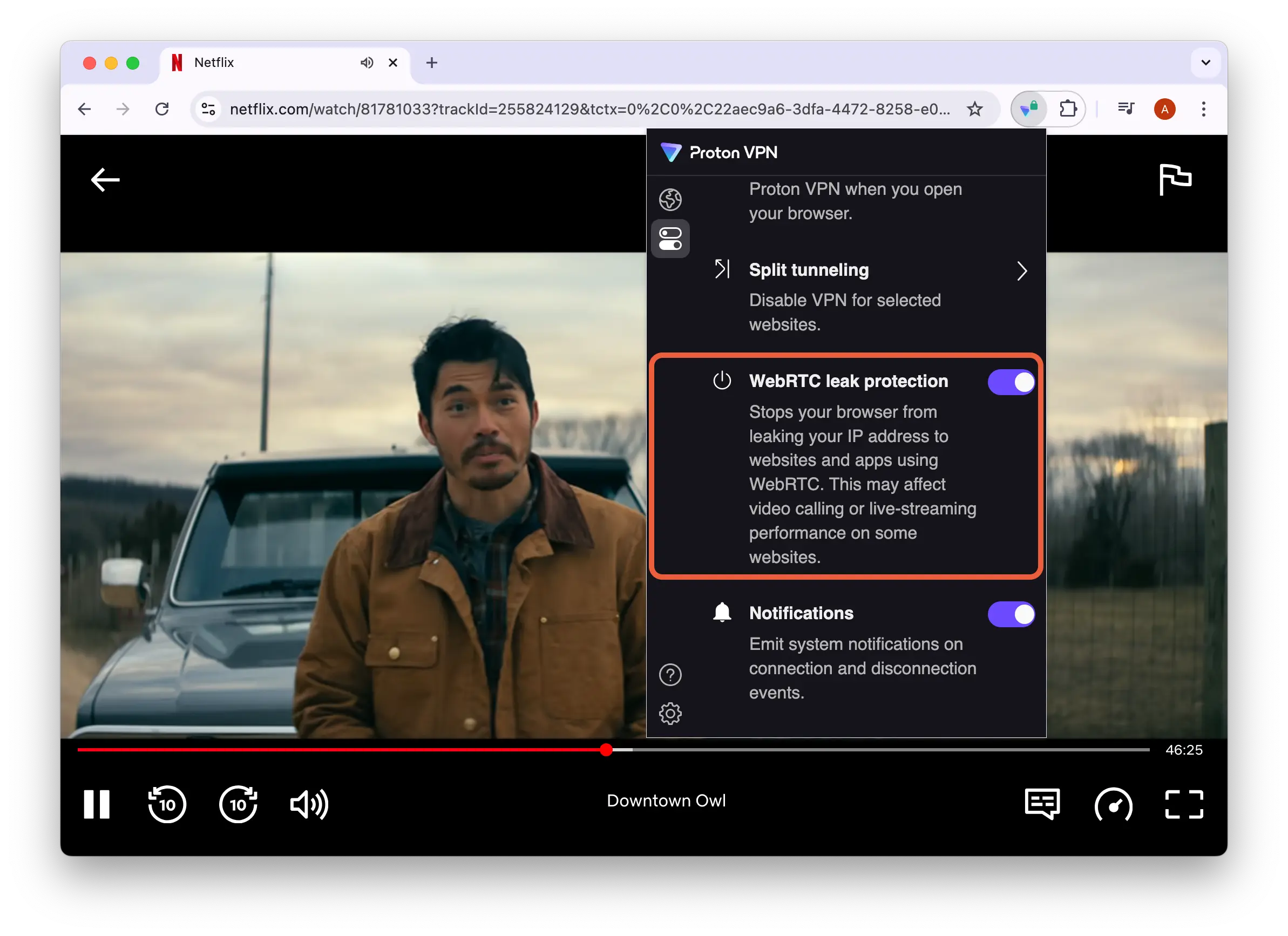 Proton VPN Chrome extension unblocking Downtown Owl on US Netflix