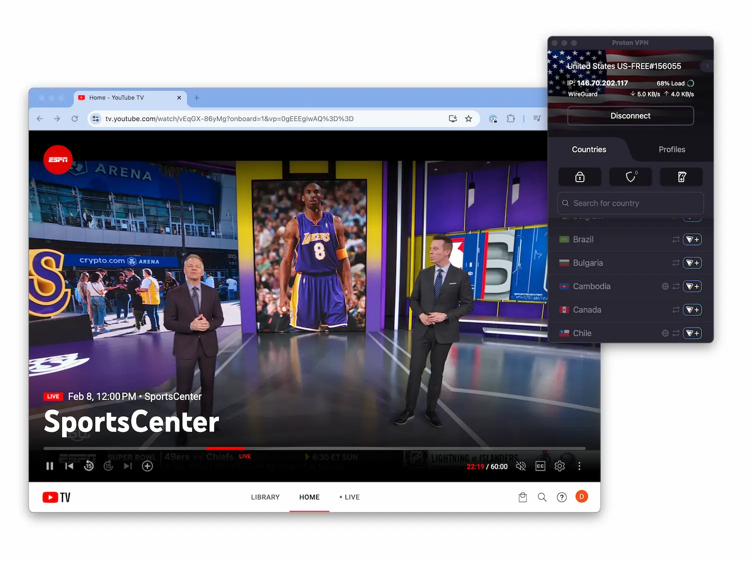 Proton VPN Free with YouTube TV on macOS
