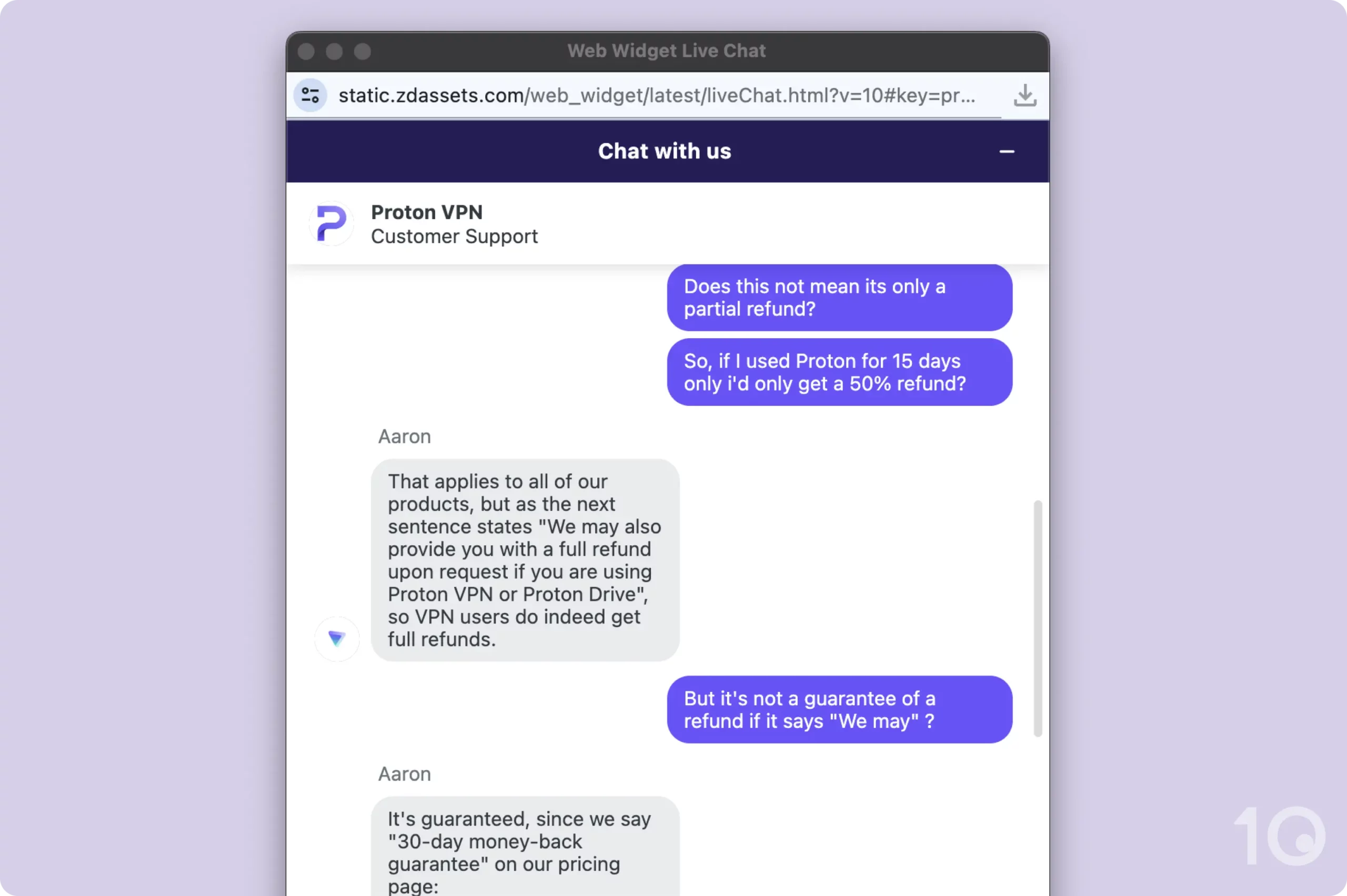 Proton VPN Live Chat Exchange Concerning Proton VPN's Refund Guarantee