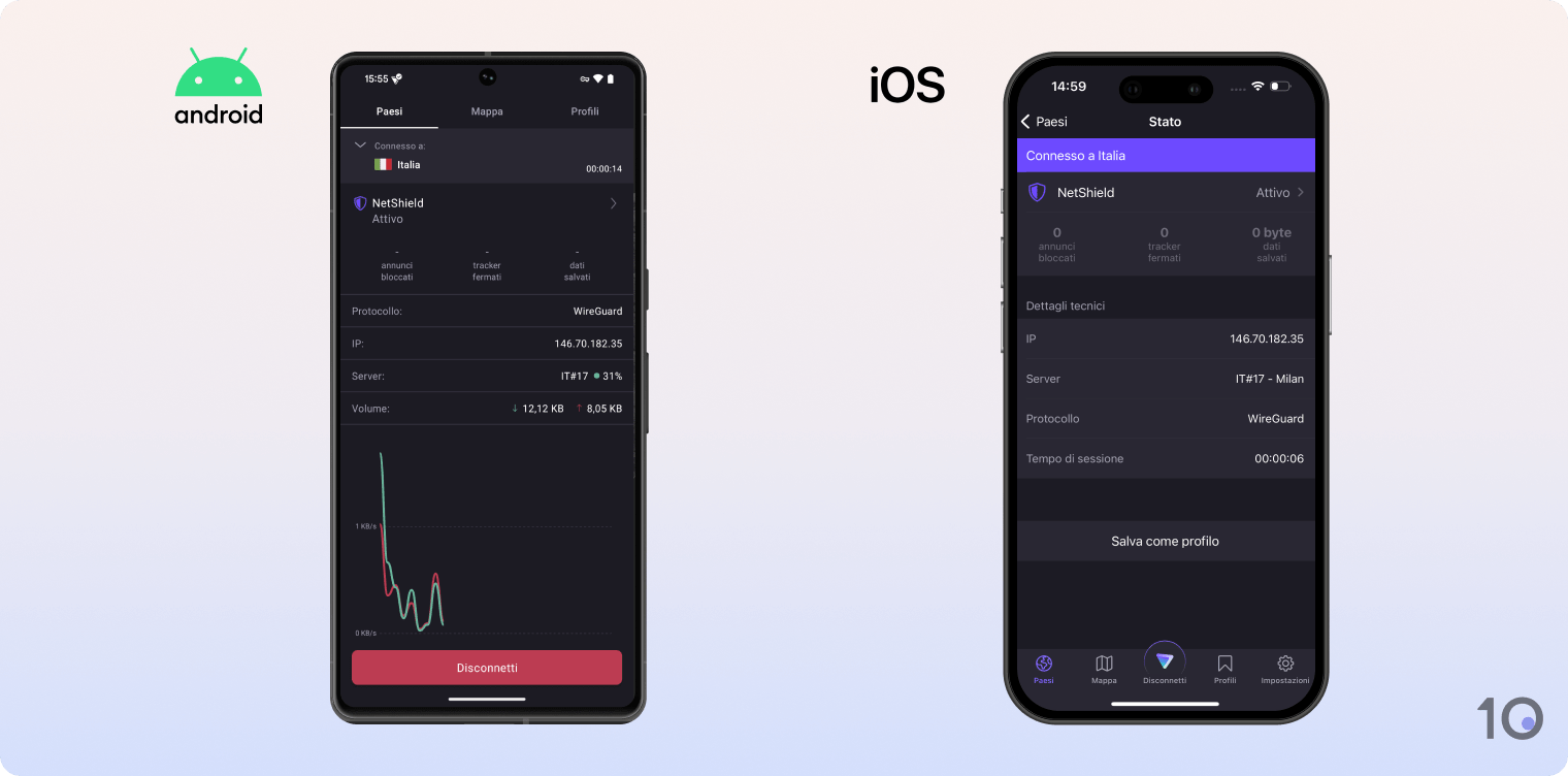 Le app mobile di Proton VPN per Android e iOS affiancate