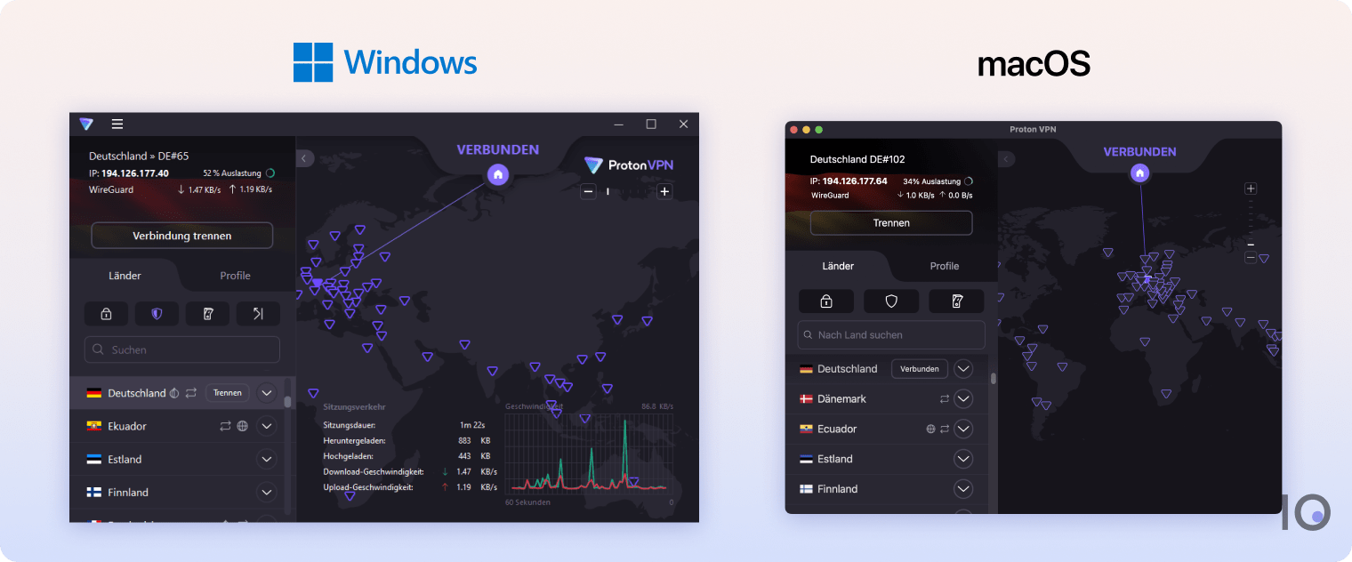 Die Desktop-Anwendungen für Proton VPN unter Windows und macOS