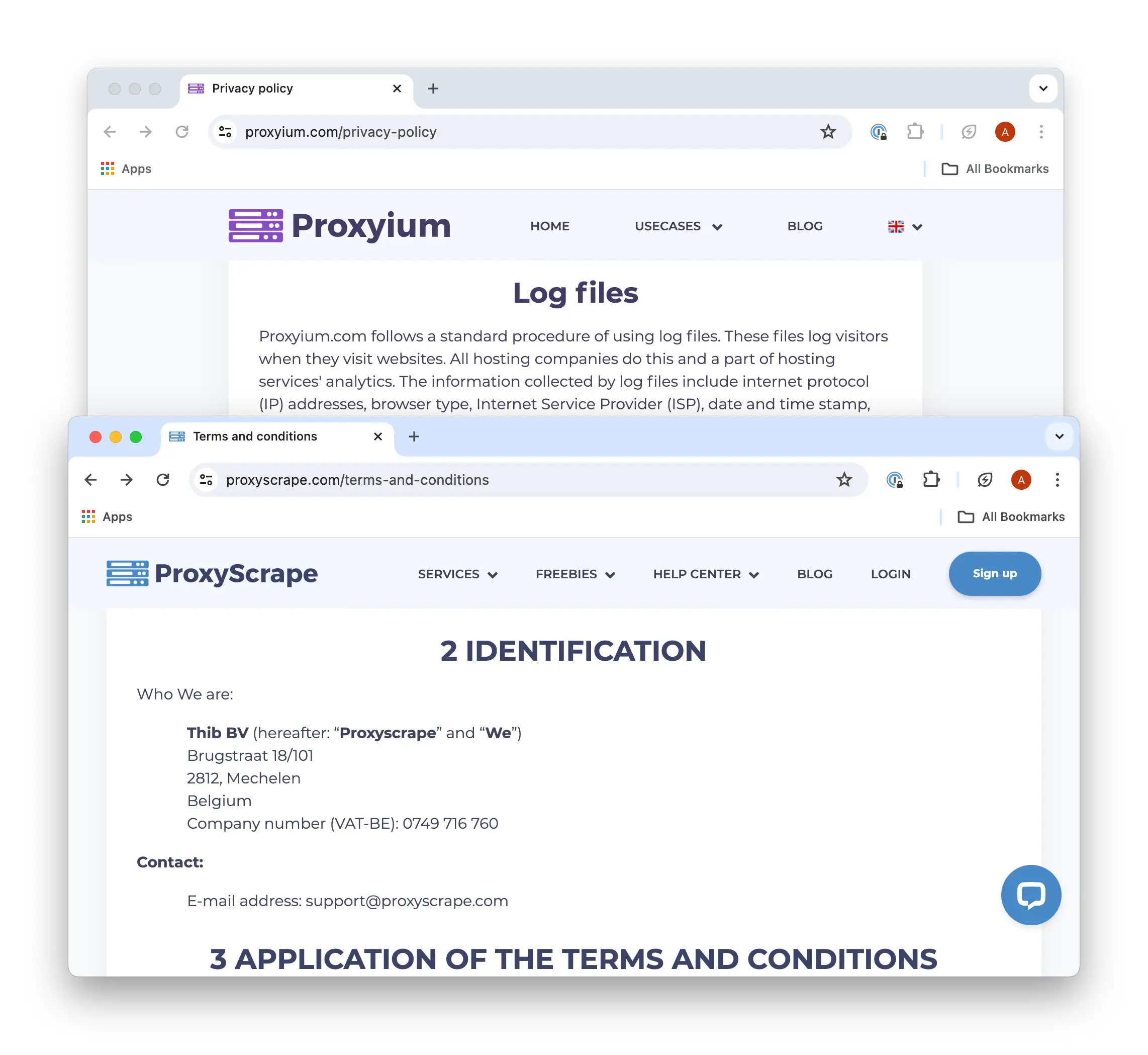 Captura de pantalla de la web de Proxyium, que no facilita datos de la compañía, y Proxyscrape, que sí que publica datos sobre la empresa que gestiona el servicio.