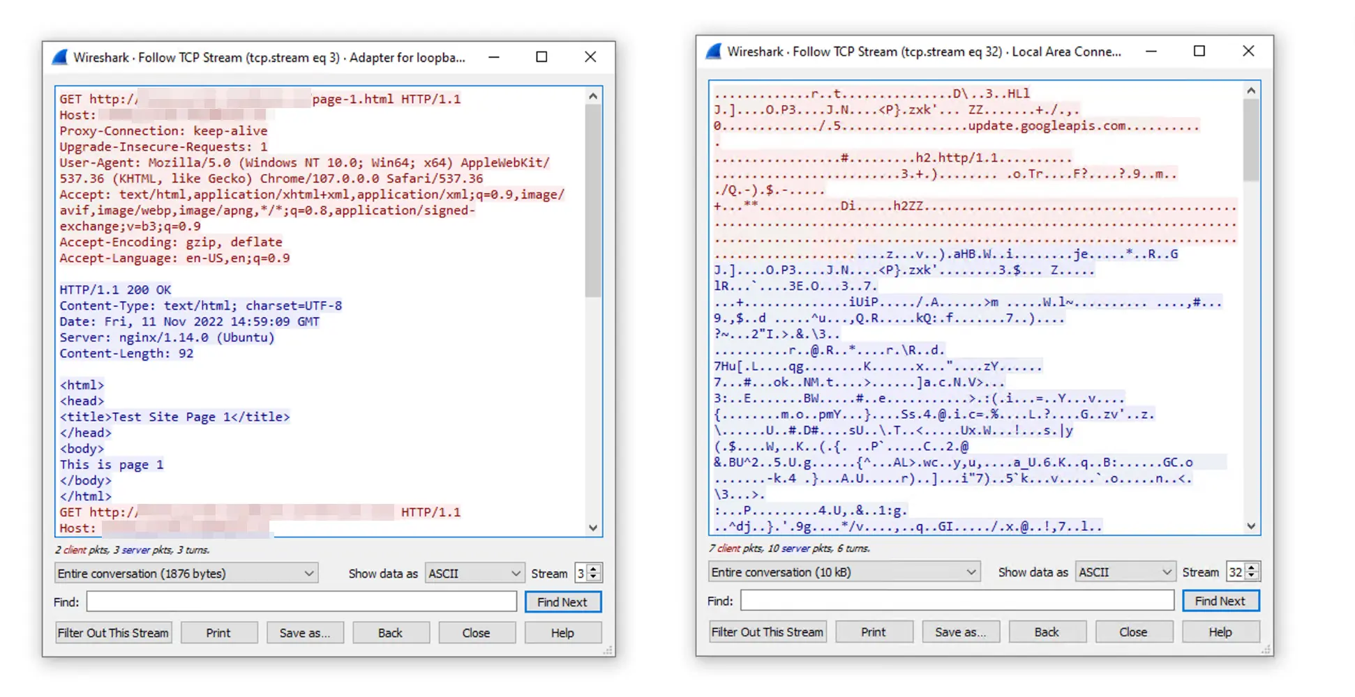 Wireshark prueba con el proxy Psiphon, que no está cifrado, y con Psiphon VPN, que sí está cifrado.