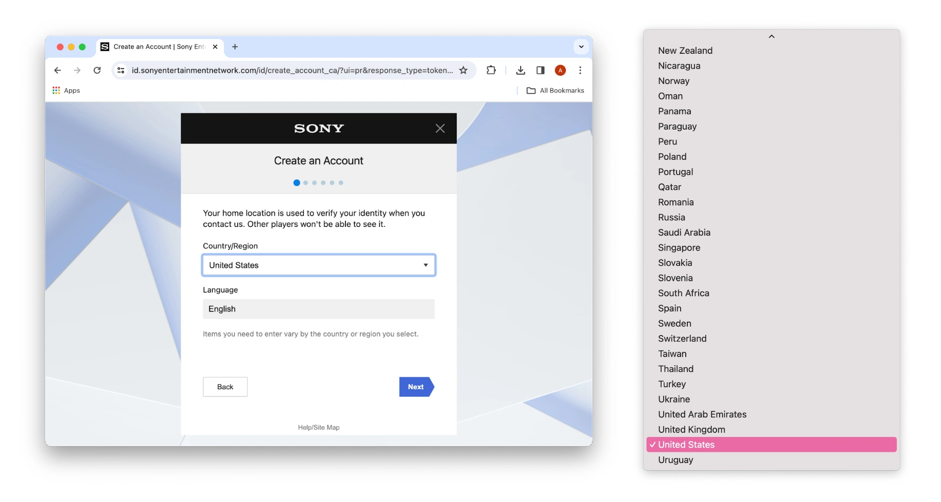 Screenshot of PSN account setup. You can choose the Country/Region and language from a drop-down menu.