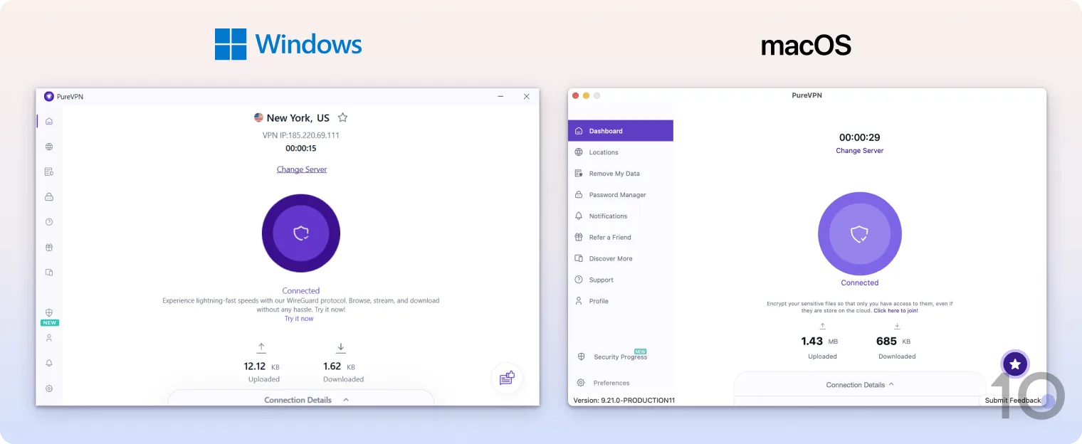 PureVPN's apps for Windows and macOS