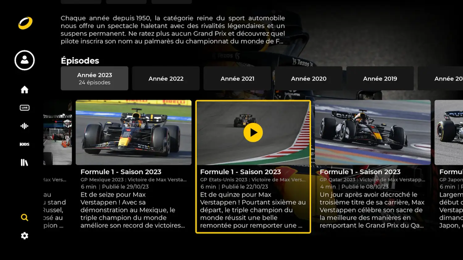 Accediendo a carreras de la F1 desde la app de RTBF Auvio para Android TV 