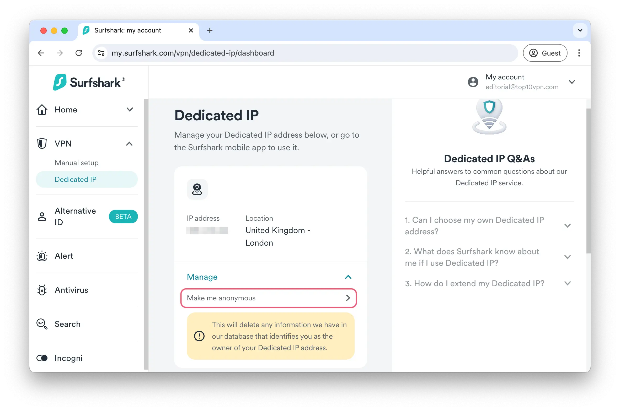 Surfshark dedicated IP configuration options with section highlighted