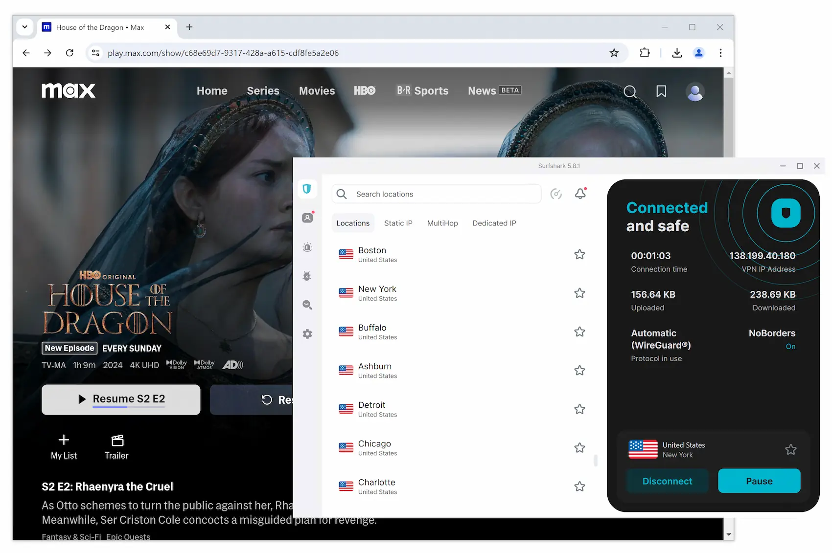 Surfshark의 미국 서버에 연결하여 House of the Dragon 스트리밍