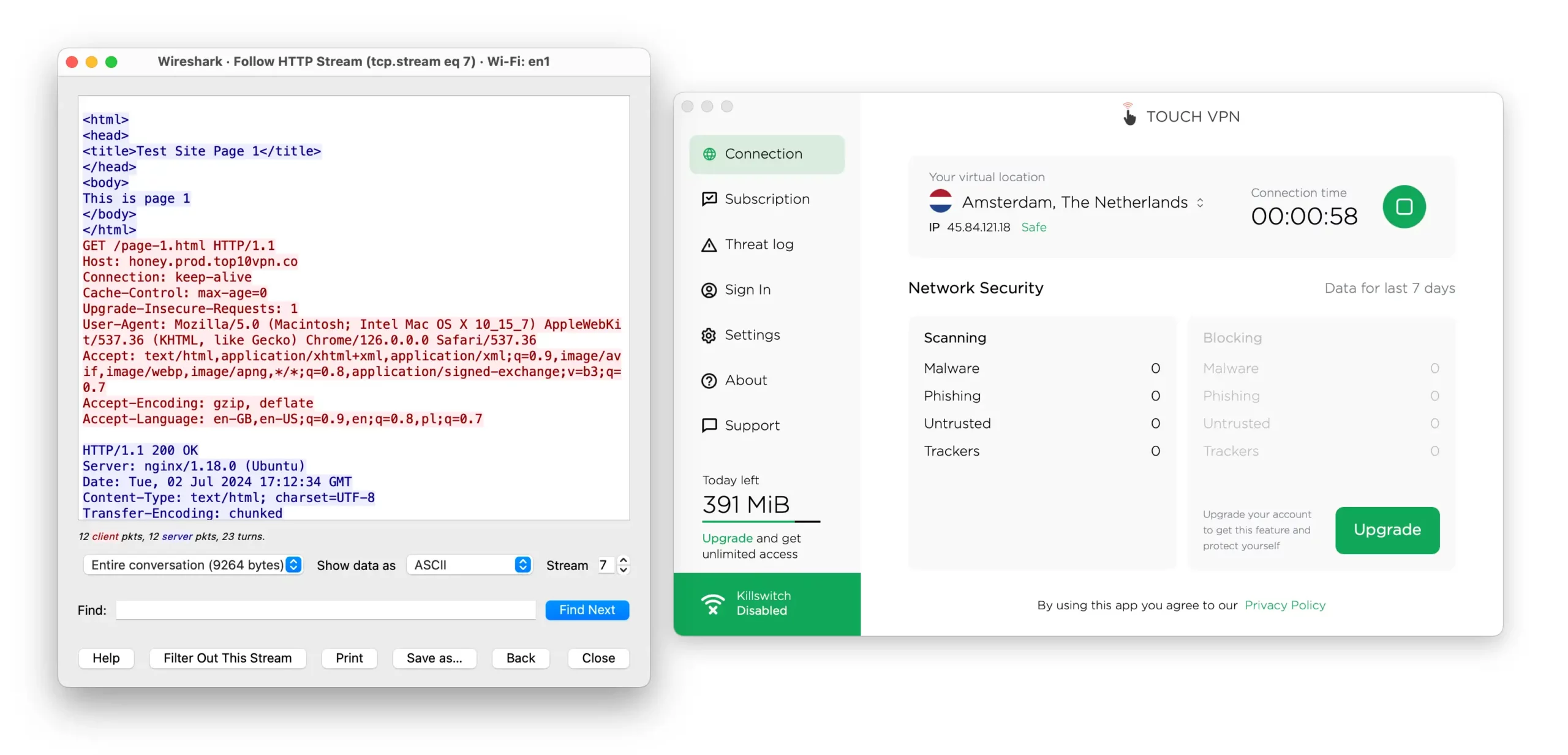 Wireshark showing unencrypted traffic alongside the Touch VPN macOS app.