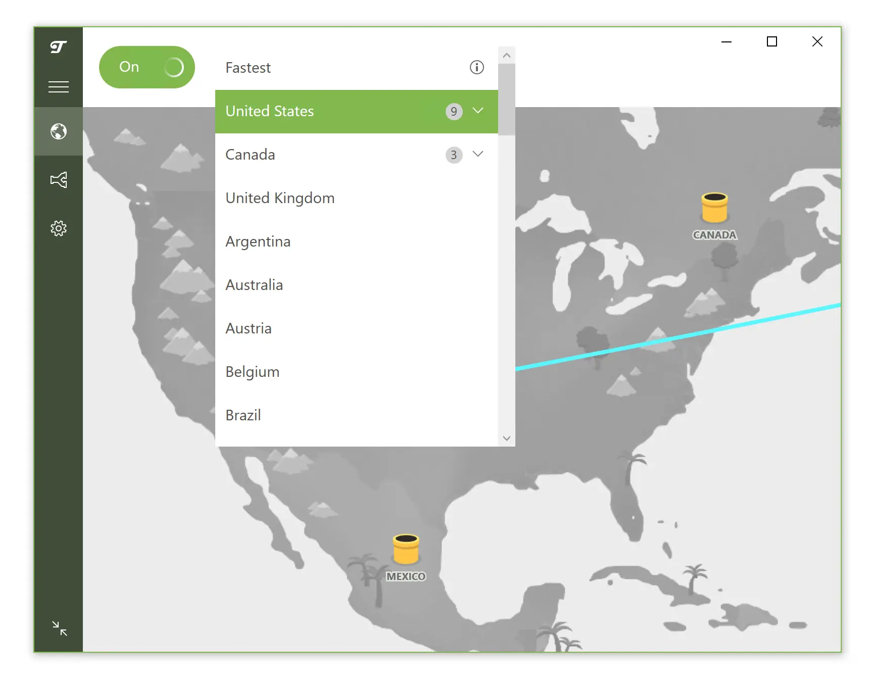 Het servermenu van TunnelBear VPN