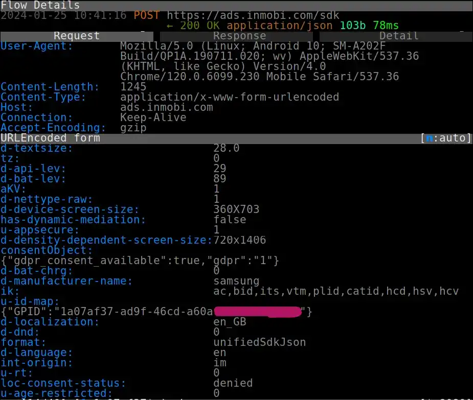 Screenshot of network traffic capture from Turbo VPN showing my unique advertising ID being sent to the third-party InMobi ad tracker