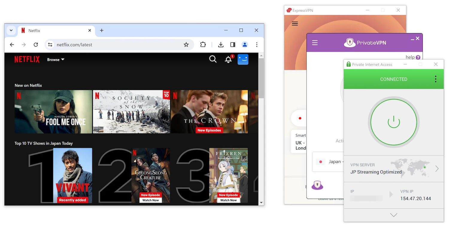 Netflix webpage showing content from the Japan region and separate windows for VPN services like ExpressVPN, PrivateVPN, and Private Internet Access indicating a connected status to Japan.