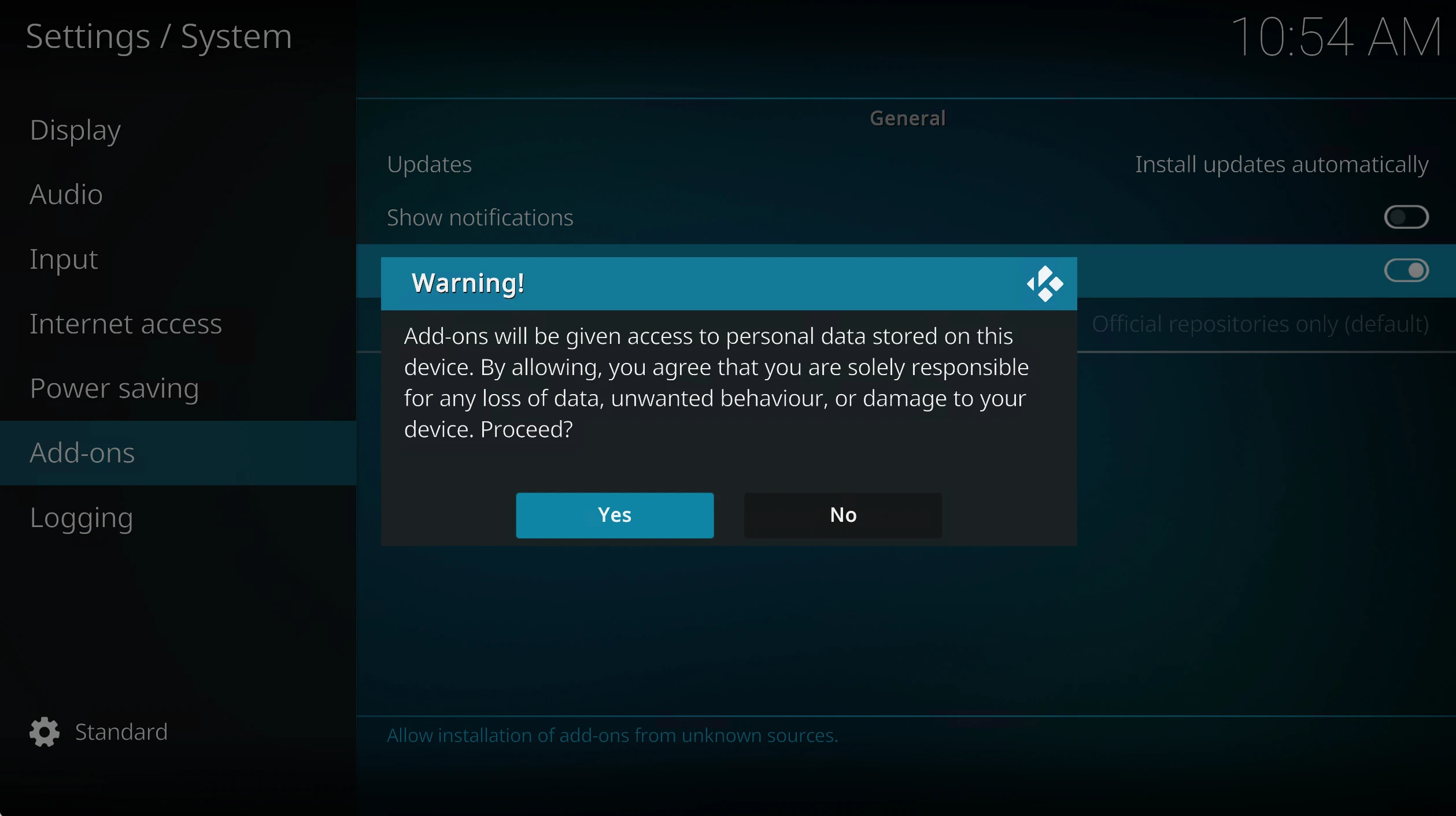 Kodi warning message