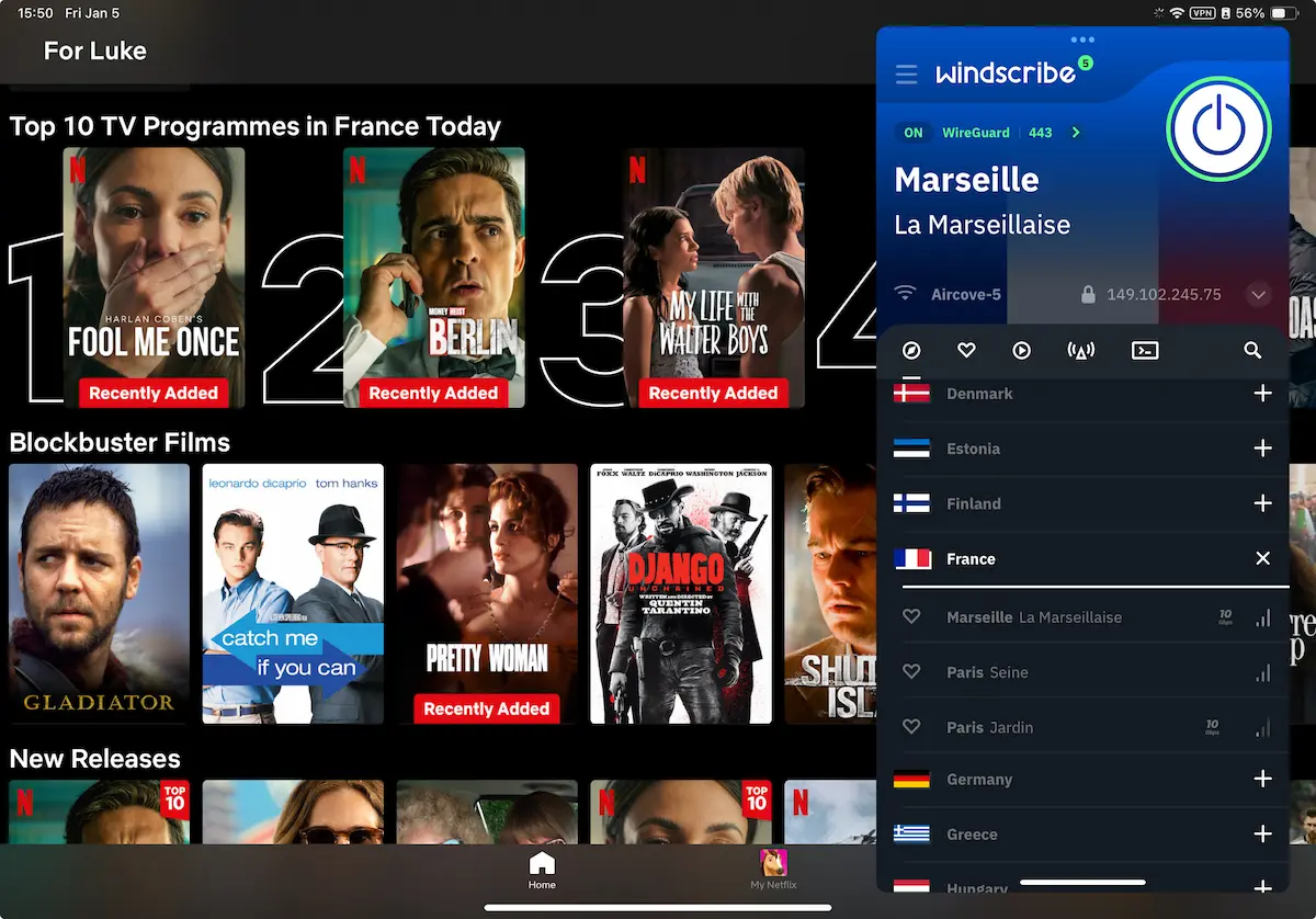 Accesso a Netflix Francia su un dispositivo iOS (iPad) mentre sei connesso a un server Windscribe francese.