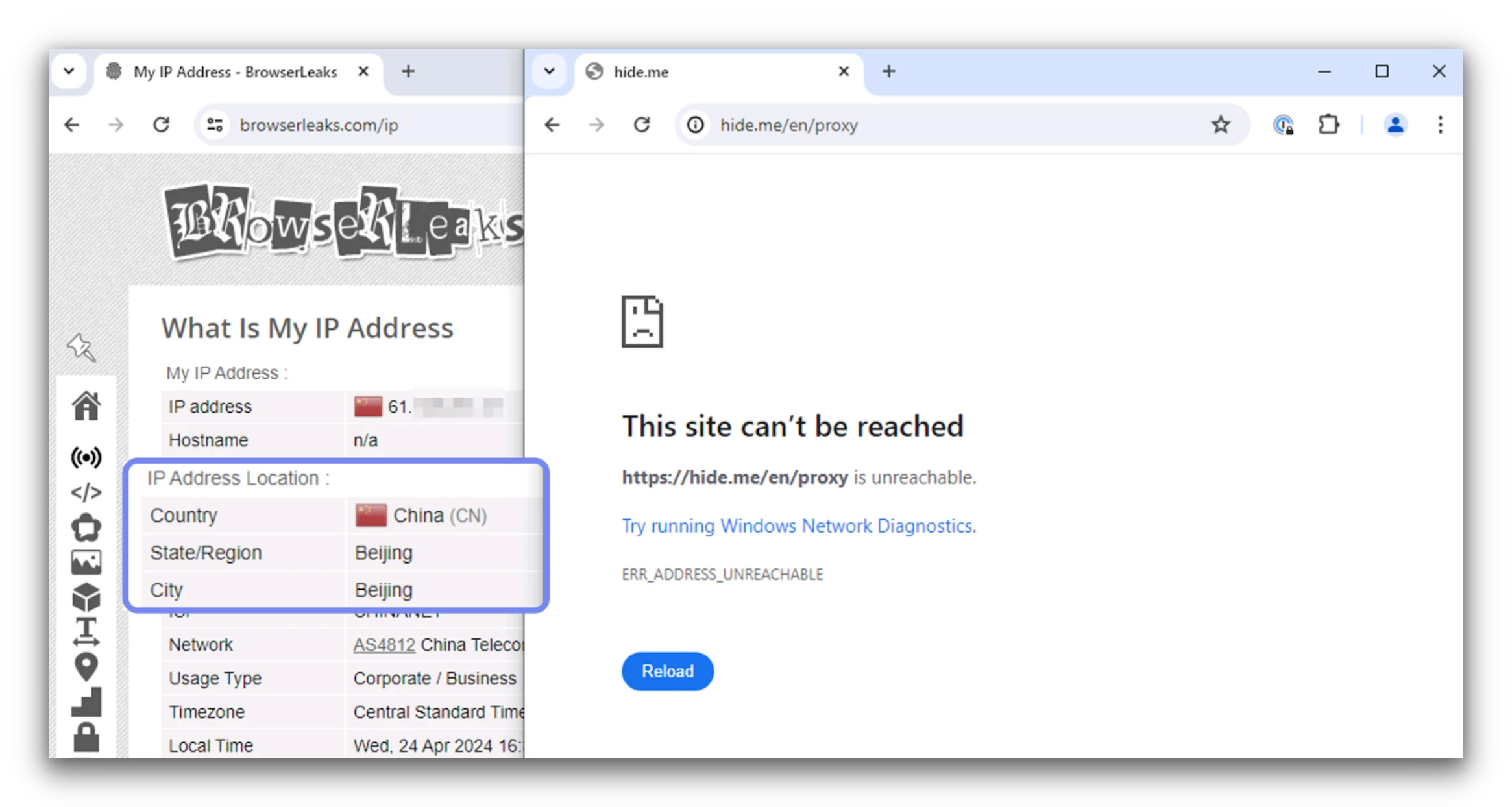 Schermafbeelding van BrowserLeaks die een Chinees IP-adres toont en Hide.Me's geblokkeerde proxy.