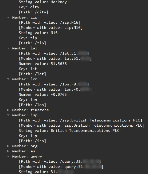 Screenshot of unencrypted HTTP/JSON response received by WiFi Map VPN containing PII, including real IP address