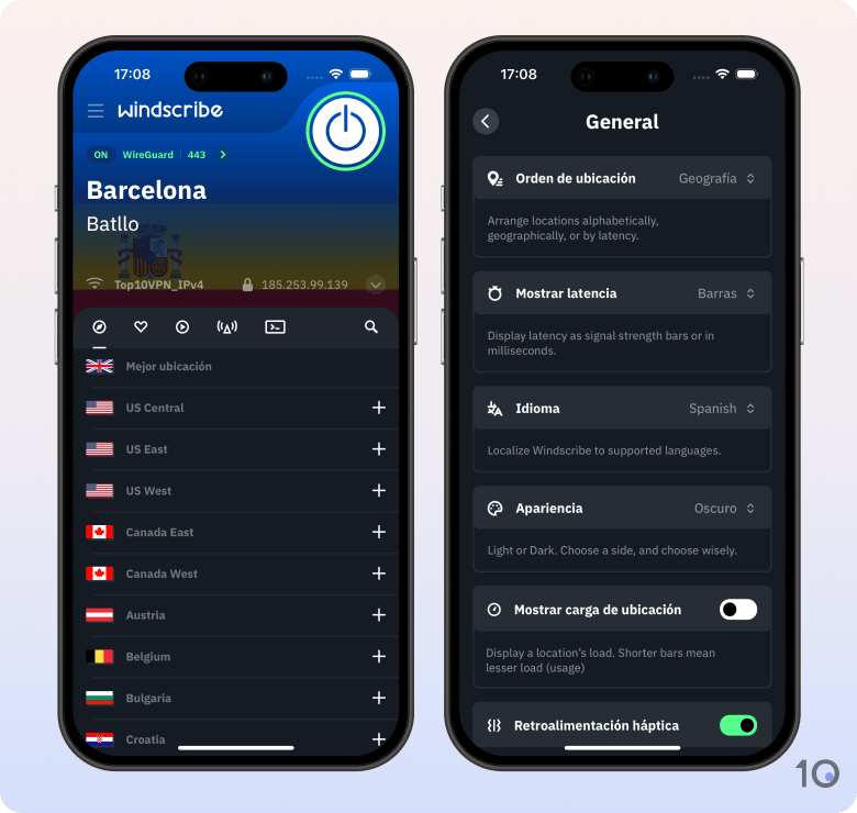 Aplicación de Windscribe VPN para iOS