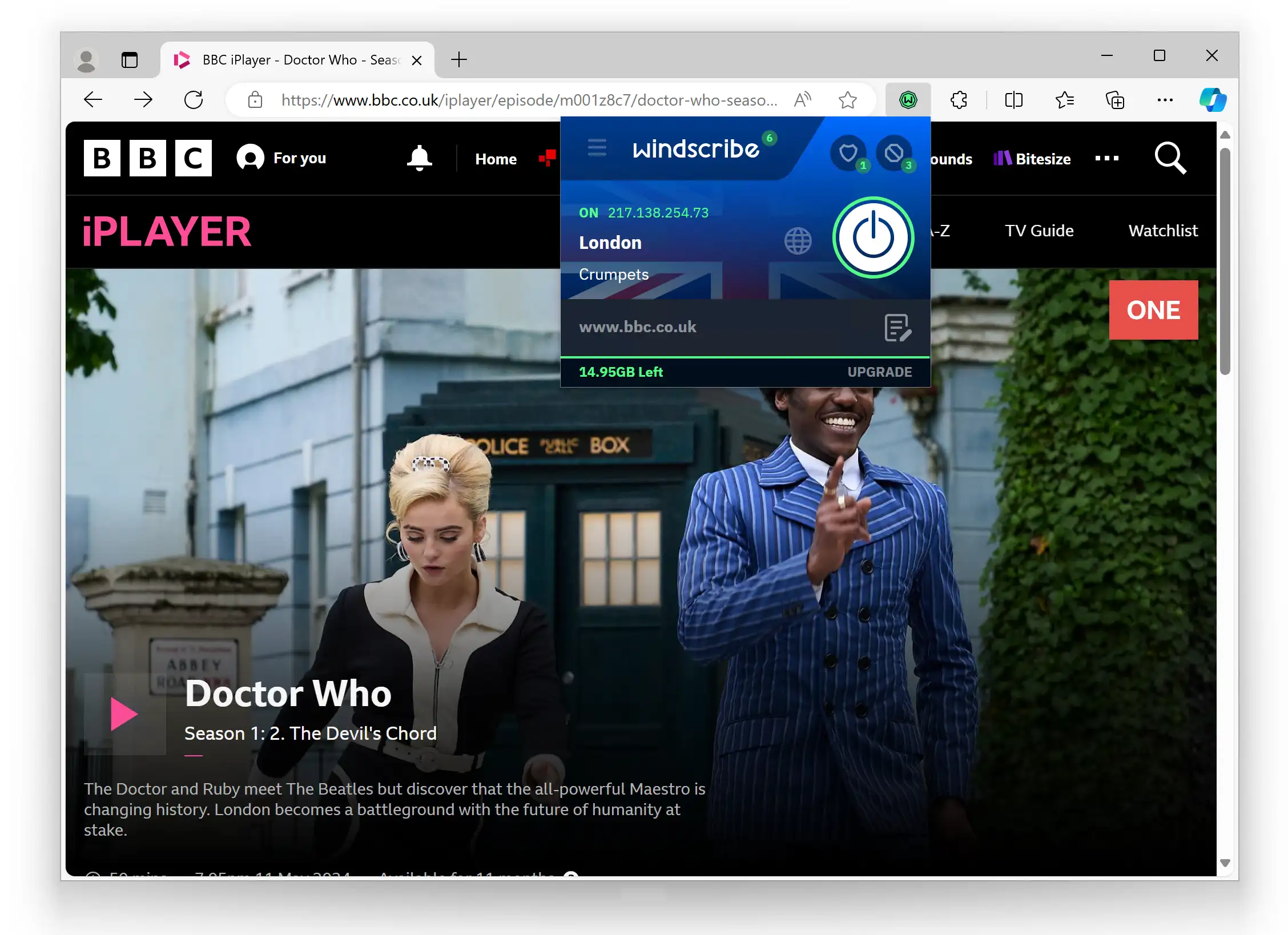 Utilizzo dell'estensione di Windscribe per Microsoft Edge per sbloccare BBC iPlayer.