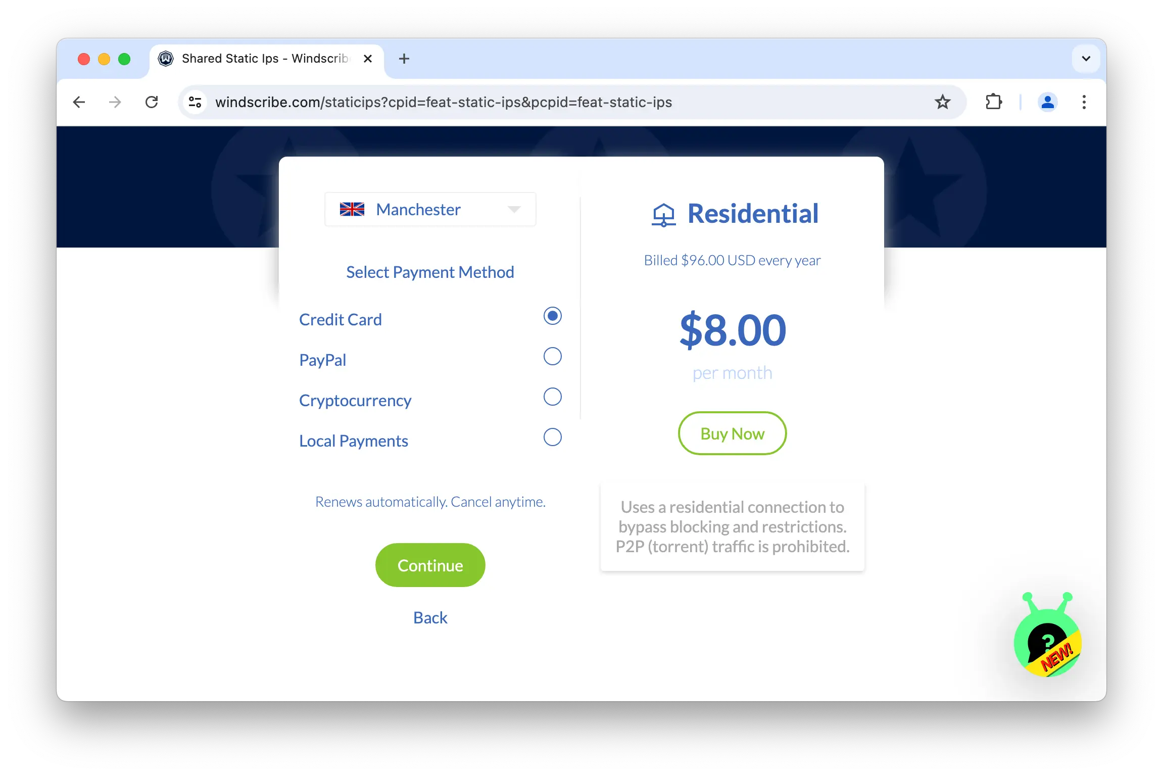 Server location and payment options for Windscribe static IP
