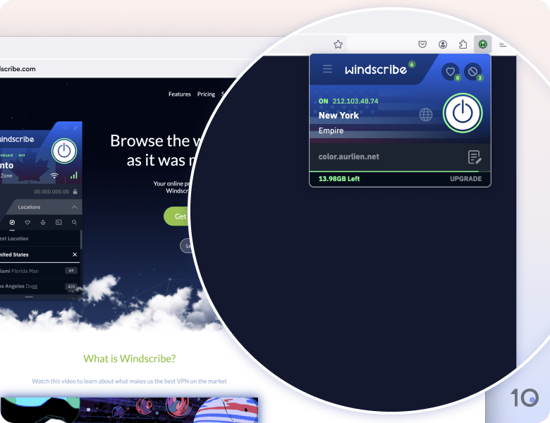 Windscribe Free's VPN extension for Firefox