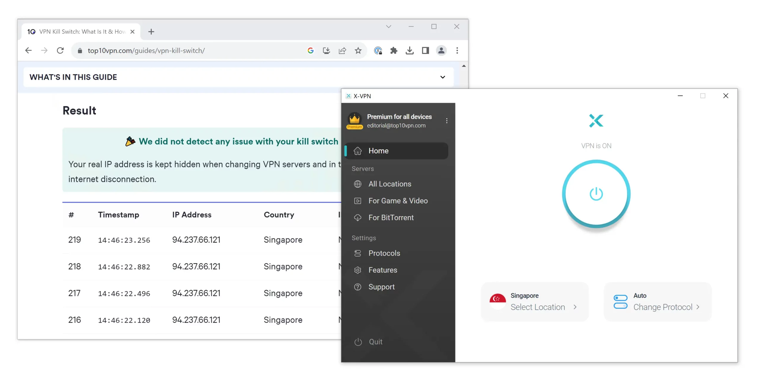 X-VPN's kill switch test results