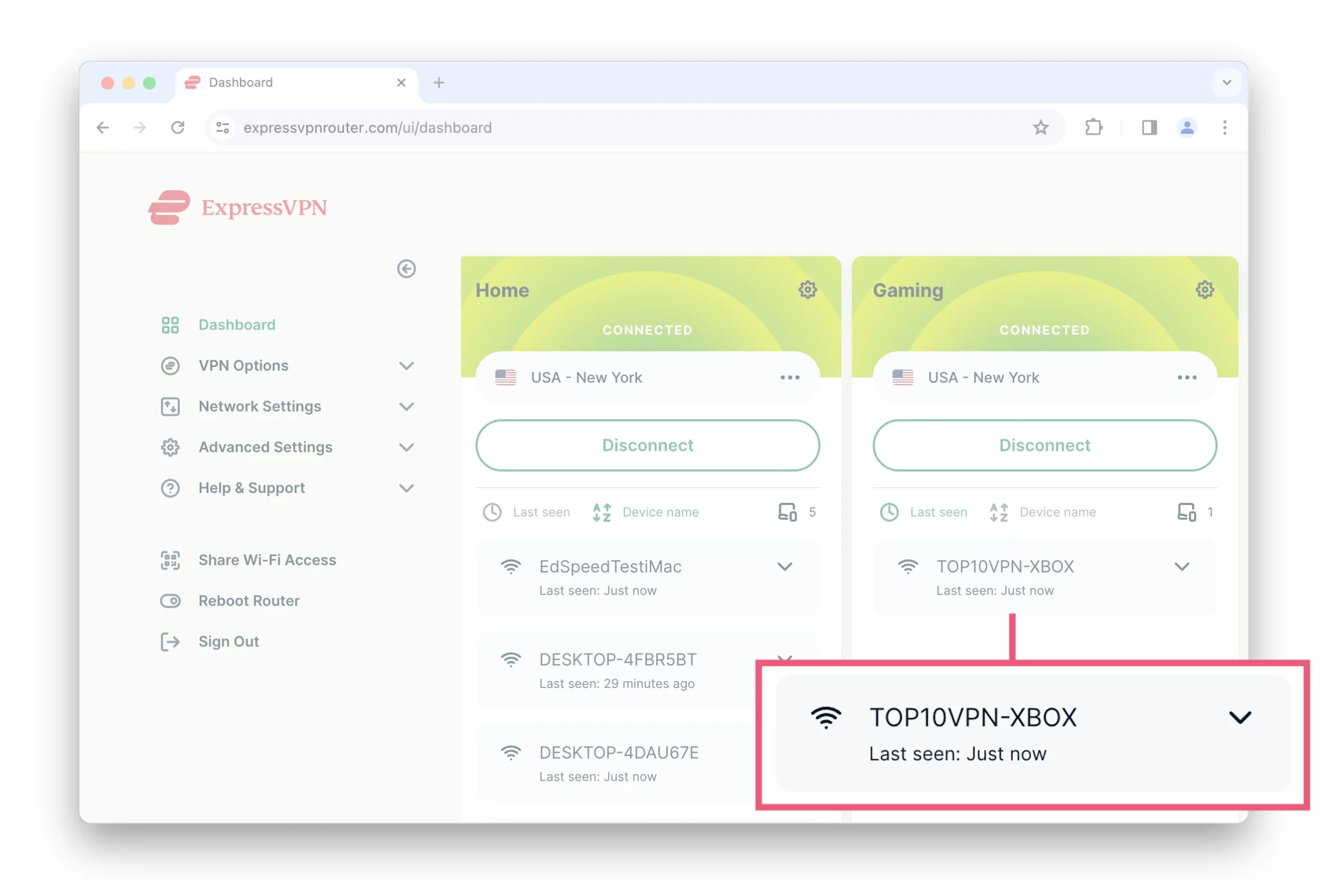 Screenshot of the ExpressVPN router app with an Xbox connection magnified